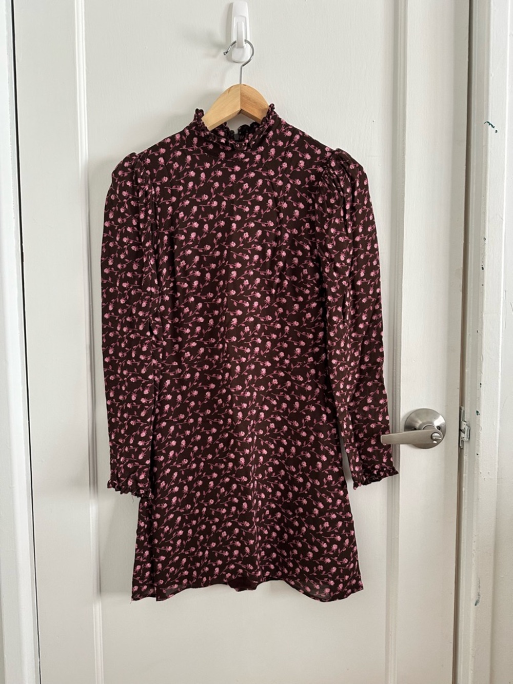 Reformation Lewis Burgundy Long-Sleeve Mini Dress with Pink Floral Print
